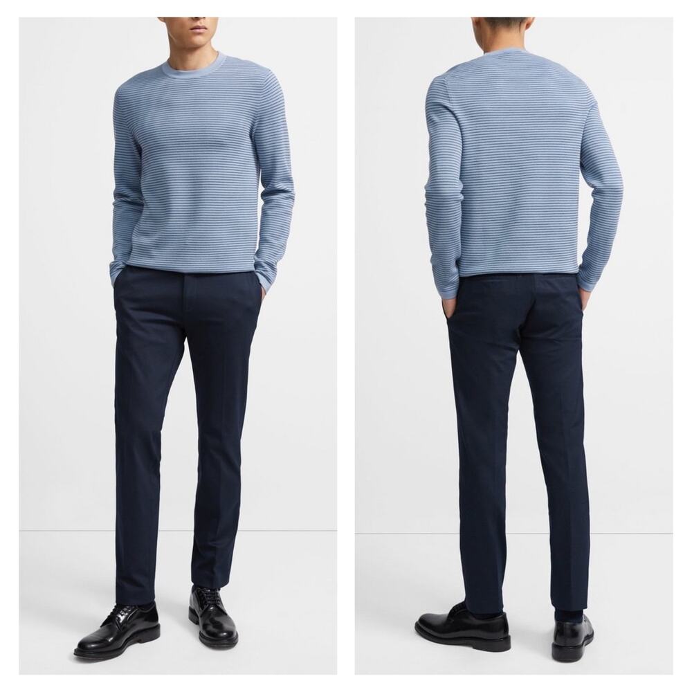 THEORY Ollis Crewneck Sweater Men XS Blue Black Striped Long Sleeve Merino Wool